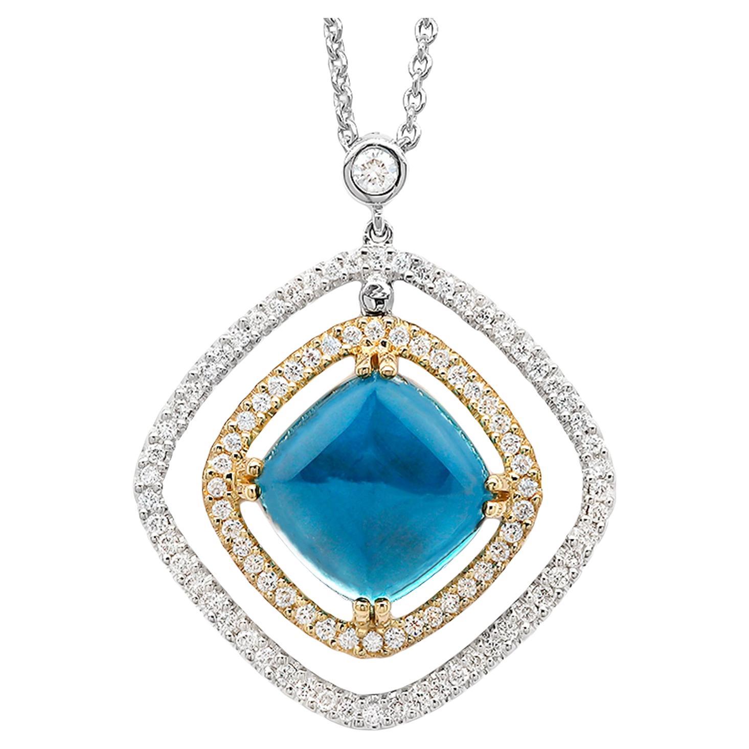 Sugarloaf London Blue Topaz Pendant Necklace Diamonds 4.88 Carats 18K Gold
