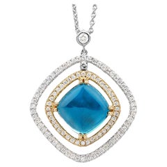 Sugarloaf London Blue Topaz Pendant Necklace Diamonds 4.88 Carats 18K Gold