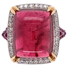 Sugarloaf Rubelite Tourmaline Ruby and Diamond Platinum Ring Estate Fine Jewelry