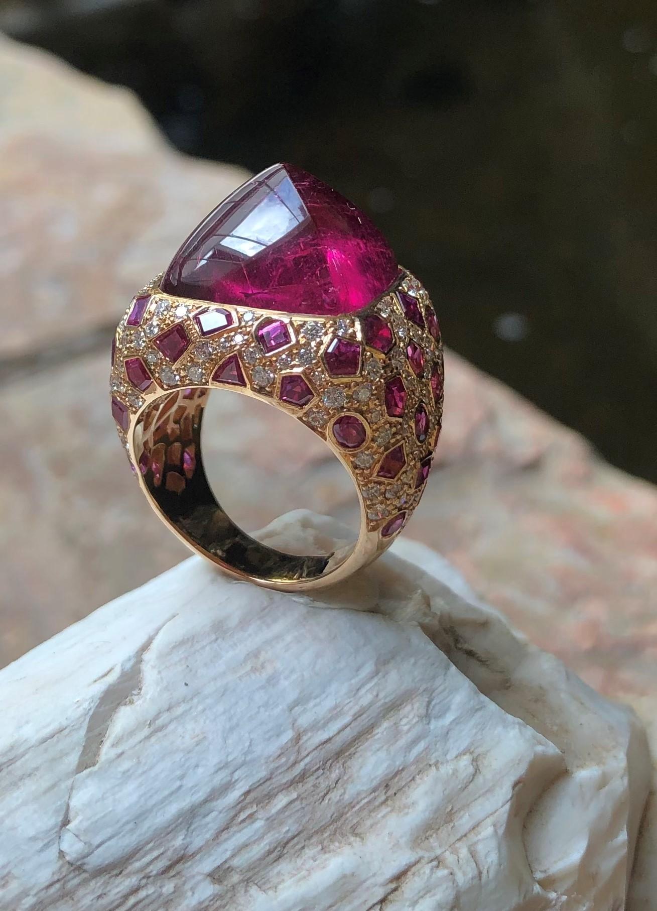 Sugarloaf Rubellite, Ruby with Diamond Ring Set in 18 Karat Pink Gold Settings For Sale 8