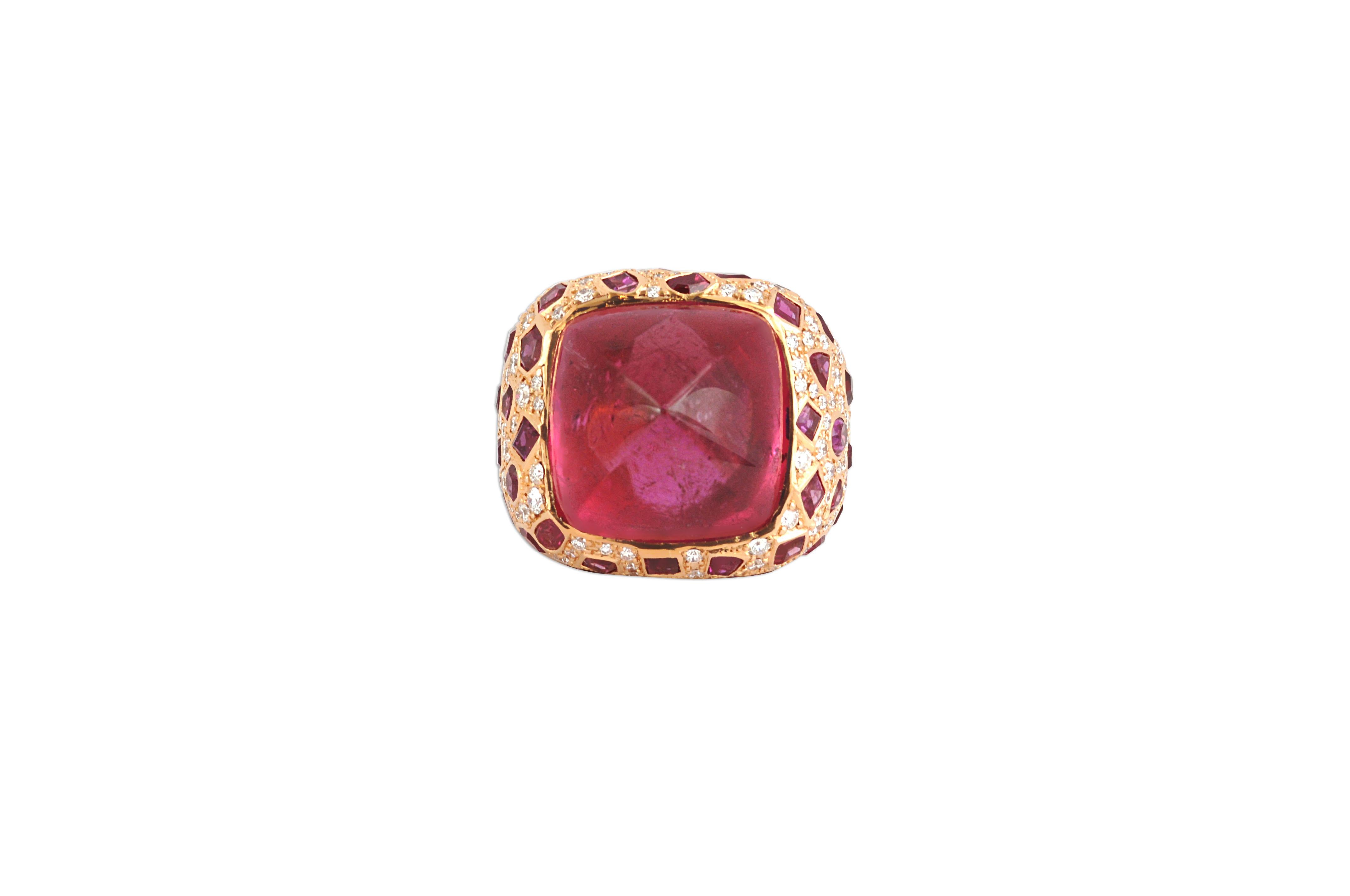 A truly one-of-a-kind Cabochon Sugarloaf-cut Rubellite 24.19 carats, Ruby 5.0 carats with Diamond 1.34 carats Ring Set in 18 Karat Pink Gold Settings


Width: 2.3 cm
Lenght: 2.3 cm 
Ring Size: 53

