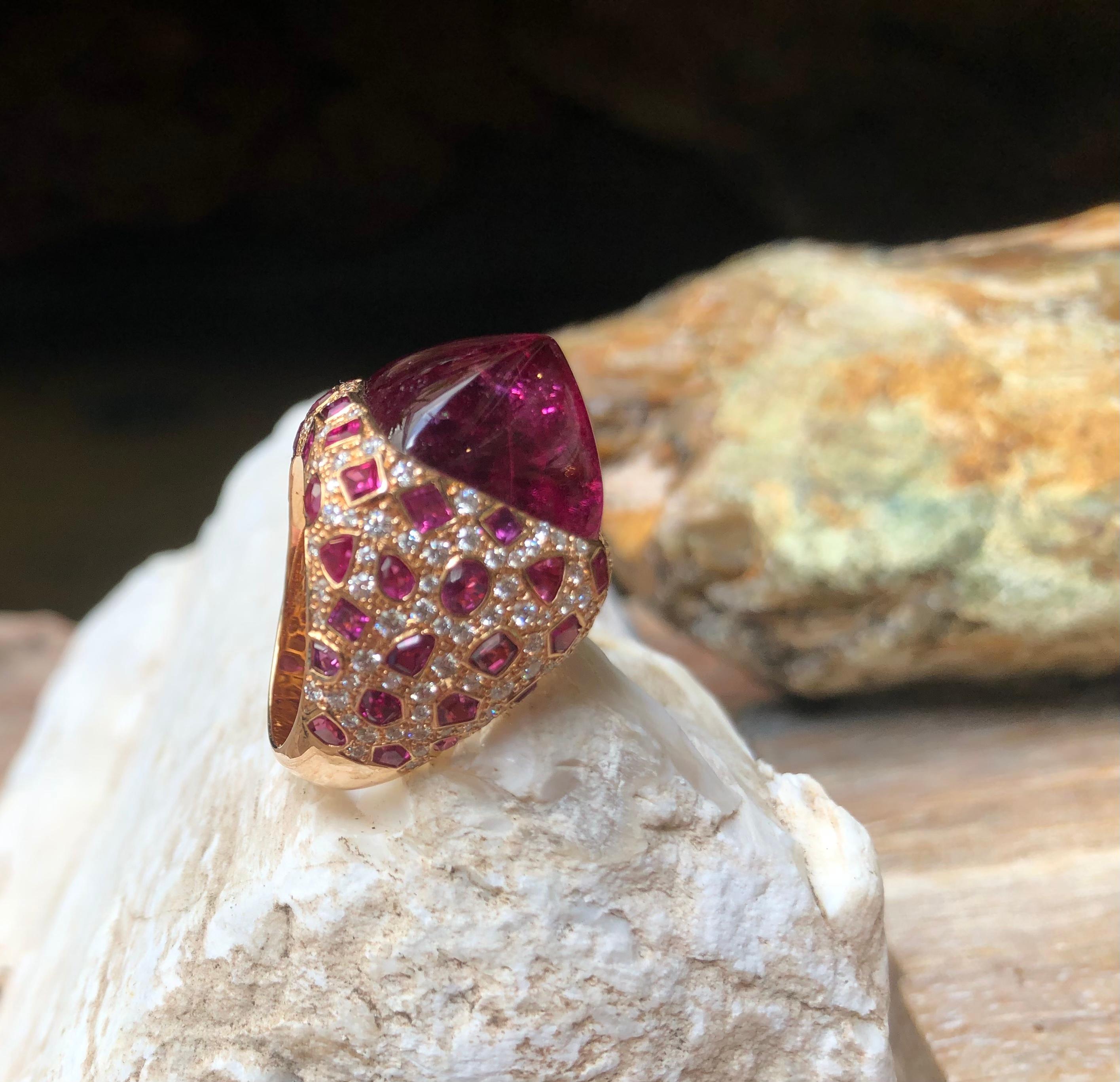 Sugarloaf Rubellite, Ruby with Diamond Ring Set in 18 Karat Pink Gold Settings For Sale 13