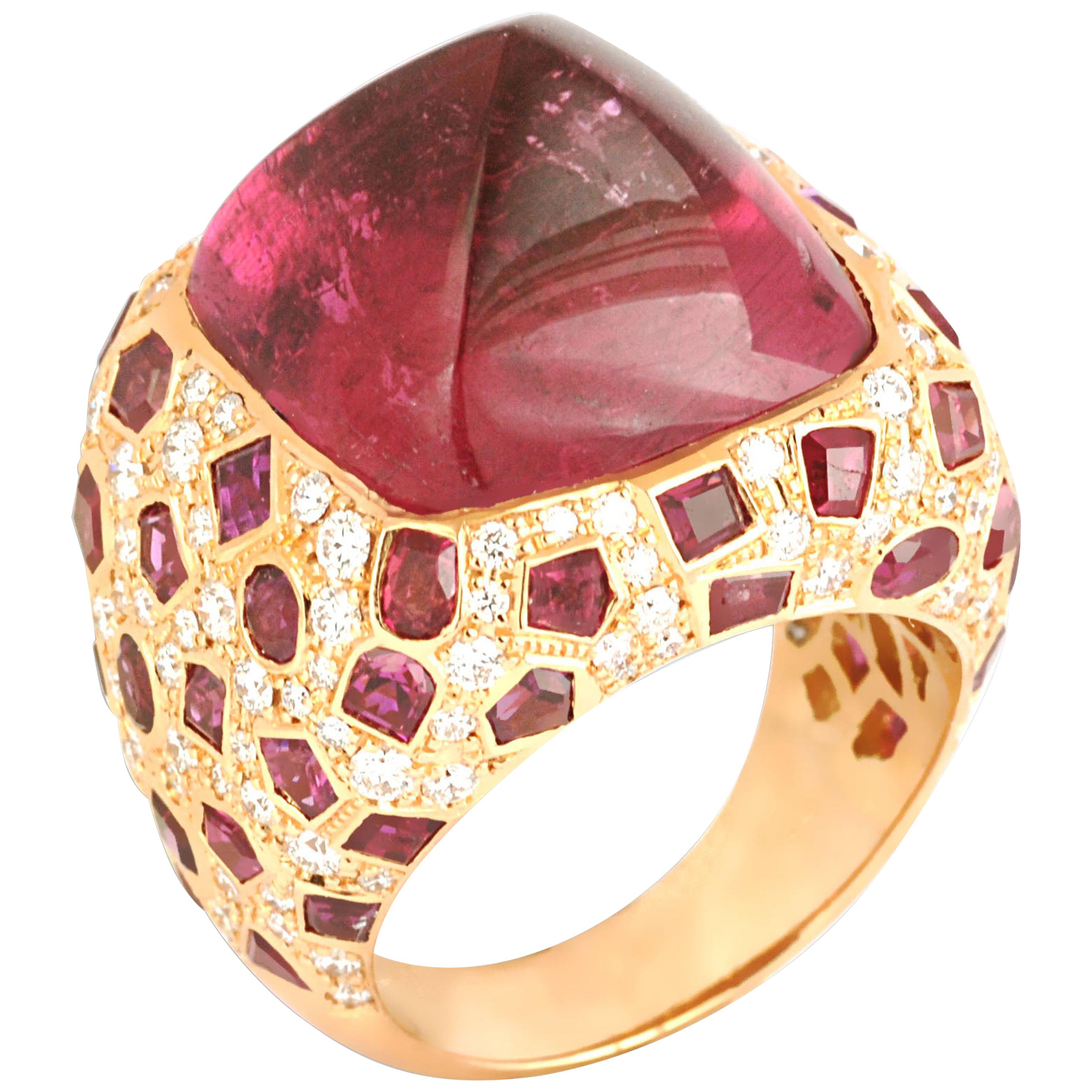 Sugarloaf Rubellite, Ruby with Diamond Ring Set in 18 Karat Pink Gold Settings For Sale
