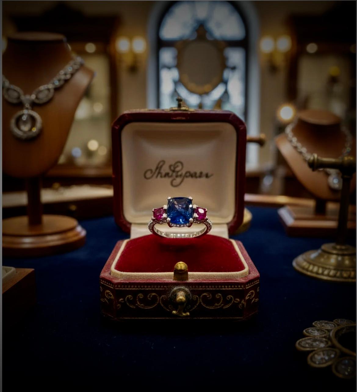 Pan di zucchero Anello Sugarloaf con zaffiro e rubino in oro bianco in vendita