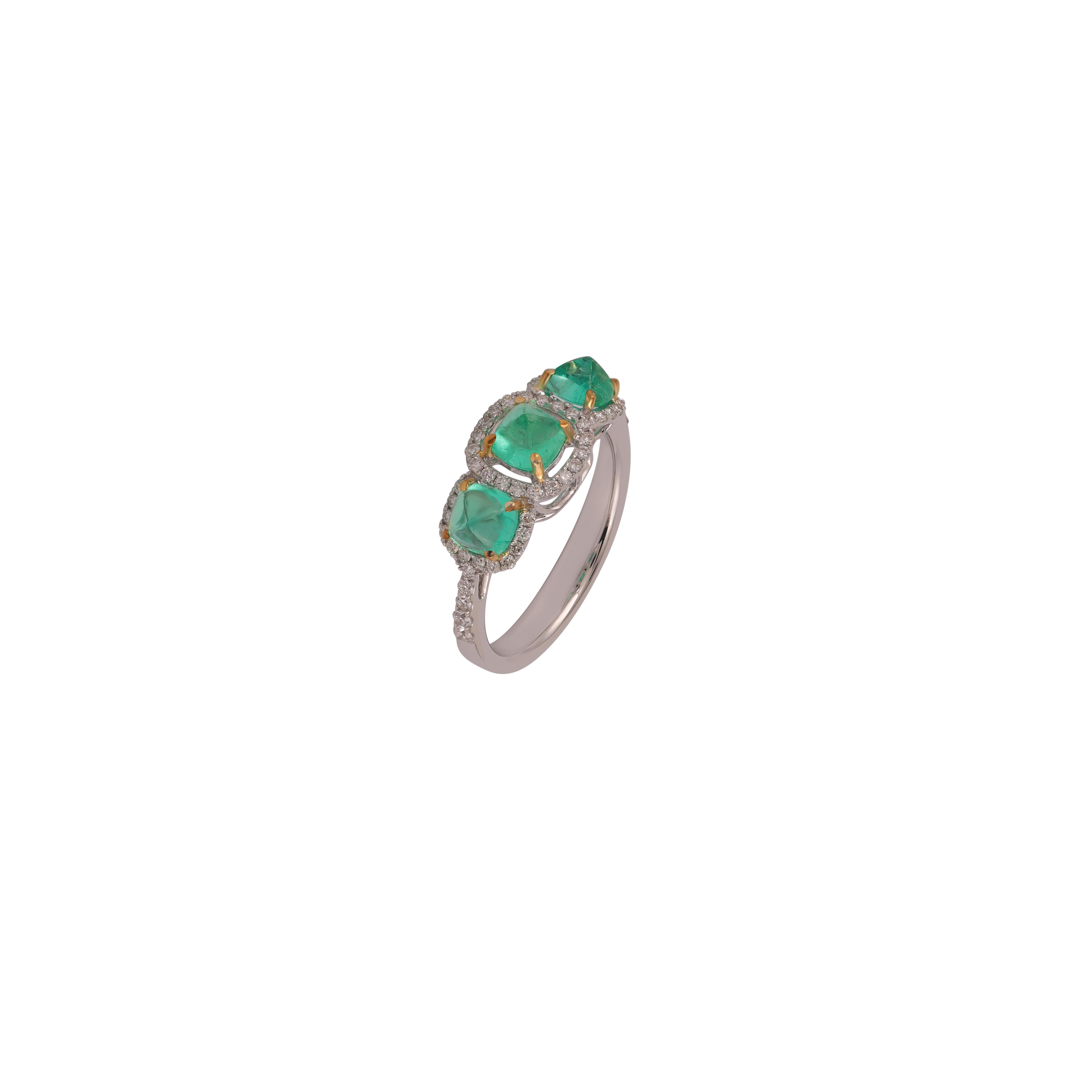 Cabochon Colombian Emerald Sugarloaf Shape Three-Stone Ring 18k For Sale
