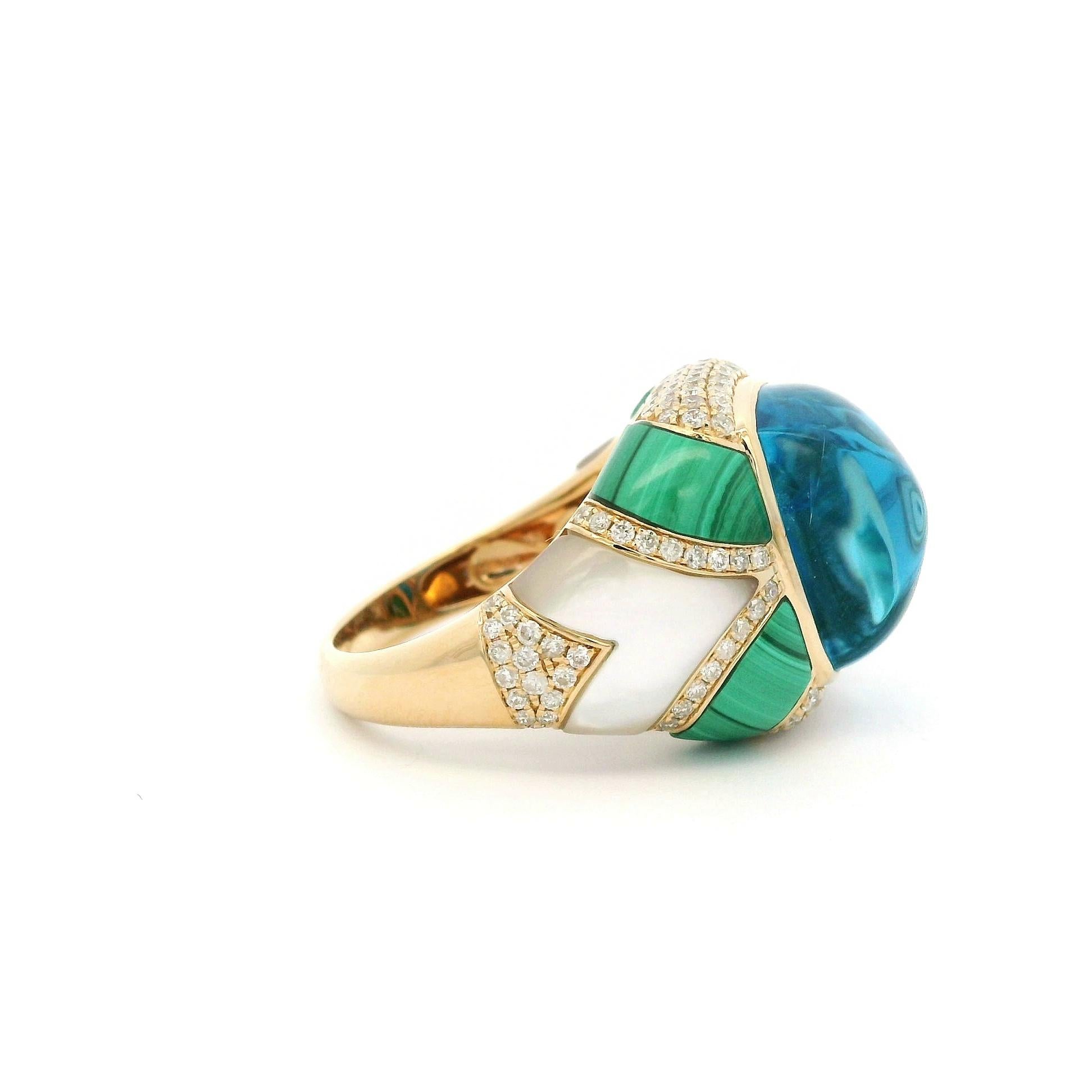 Sugarloaf Cabochon Sugarloaf Swiss Blue Topaz Malachite Diamond Cocktail Ring in 14K Yellow Gold