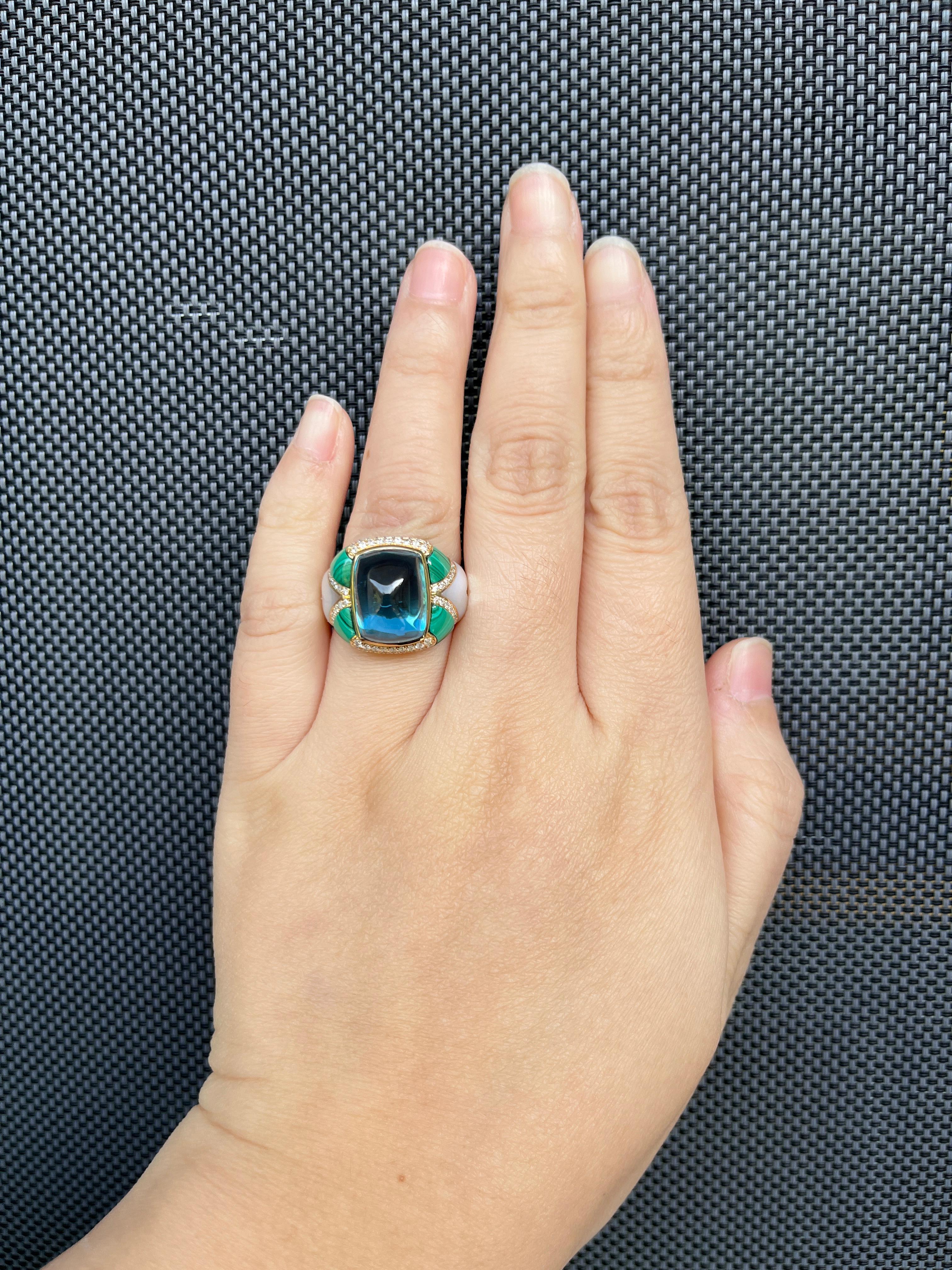 Sugarloaf Swiss Blue Topaz Malachite Diamond Cocktail Ring in 14K Yellow Gold 1