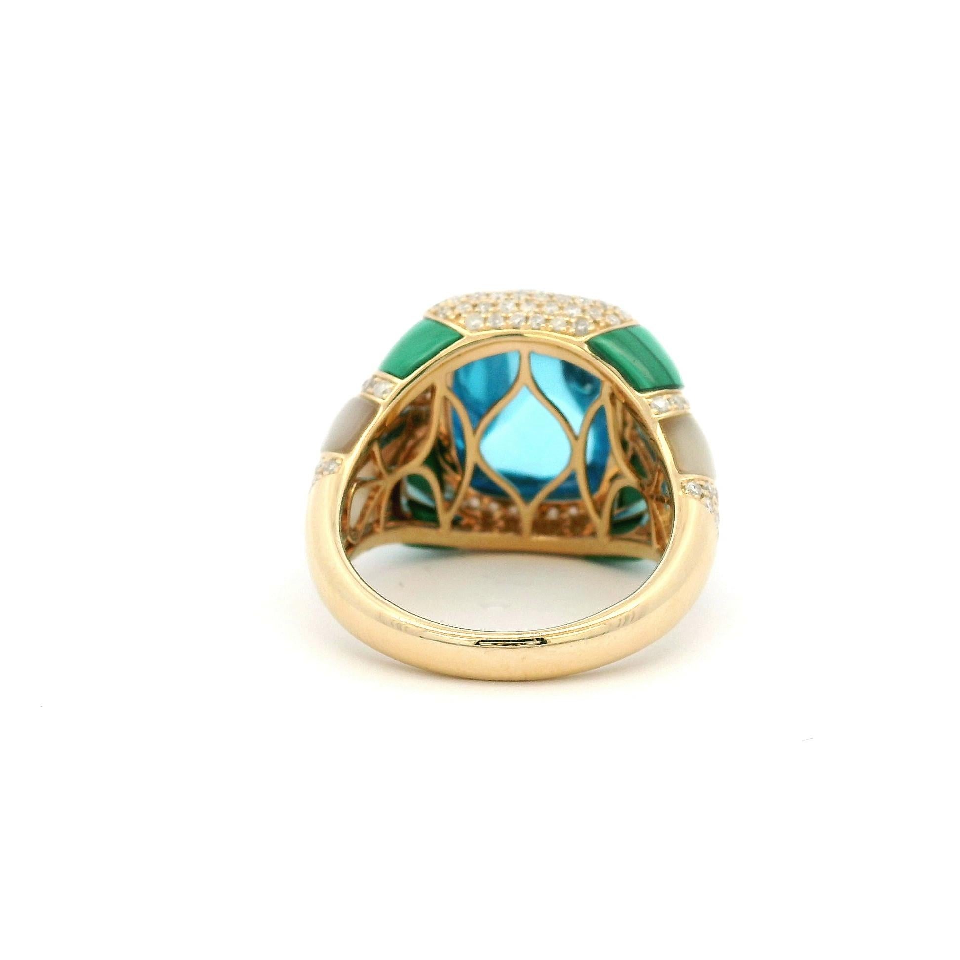 Sugarloaf Swiss Blue Topaz Malachite Diamond Cocktail Ring in 14K Yellow Gold In New Condition In Hong Kong, HK
