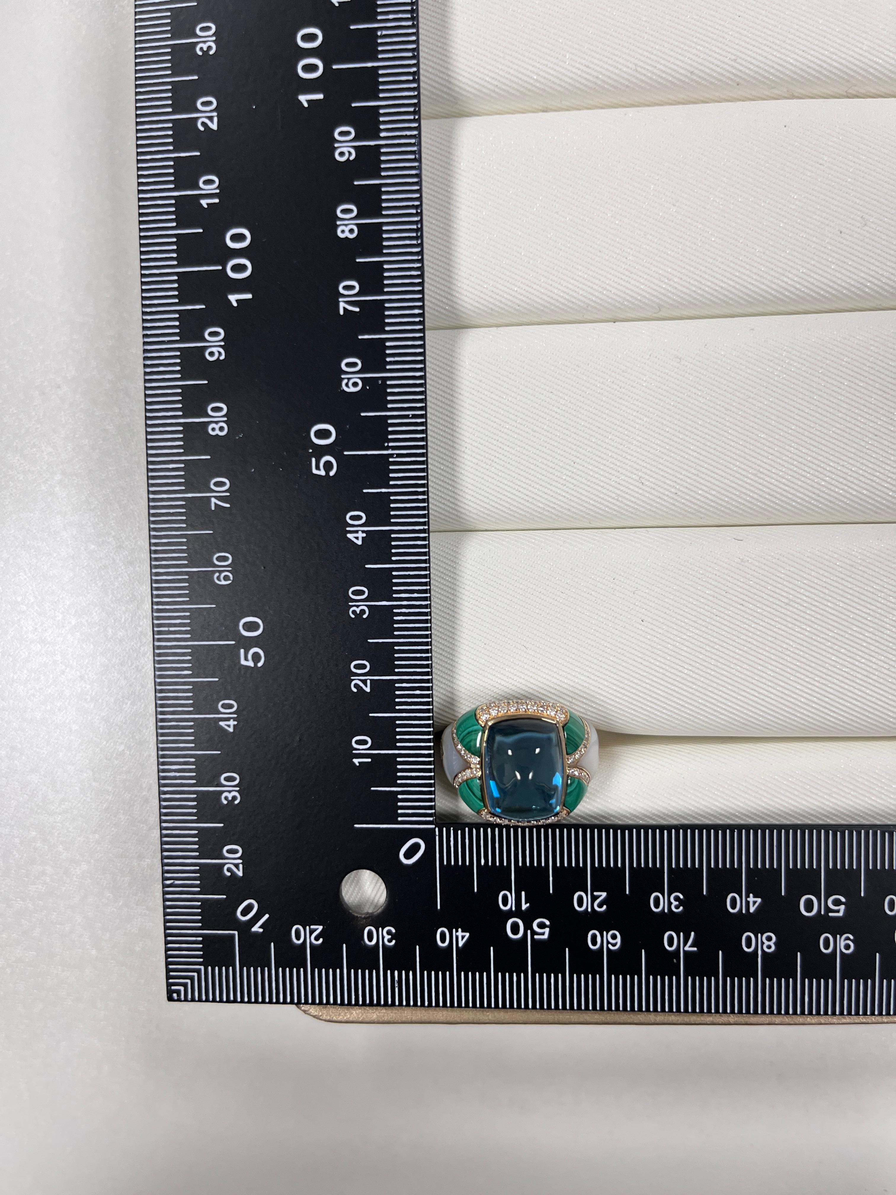 Sugarloaf Swiss Blue Topaz Malachite Diamond Cocktail Ring in 14K Yellow Gold 2