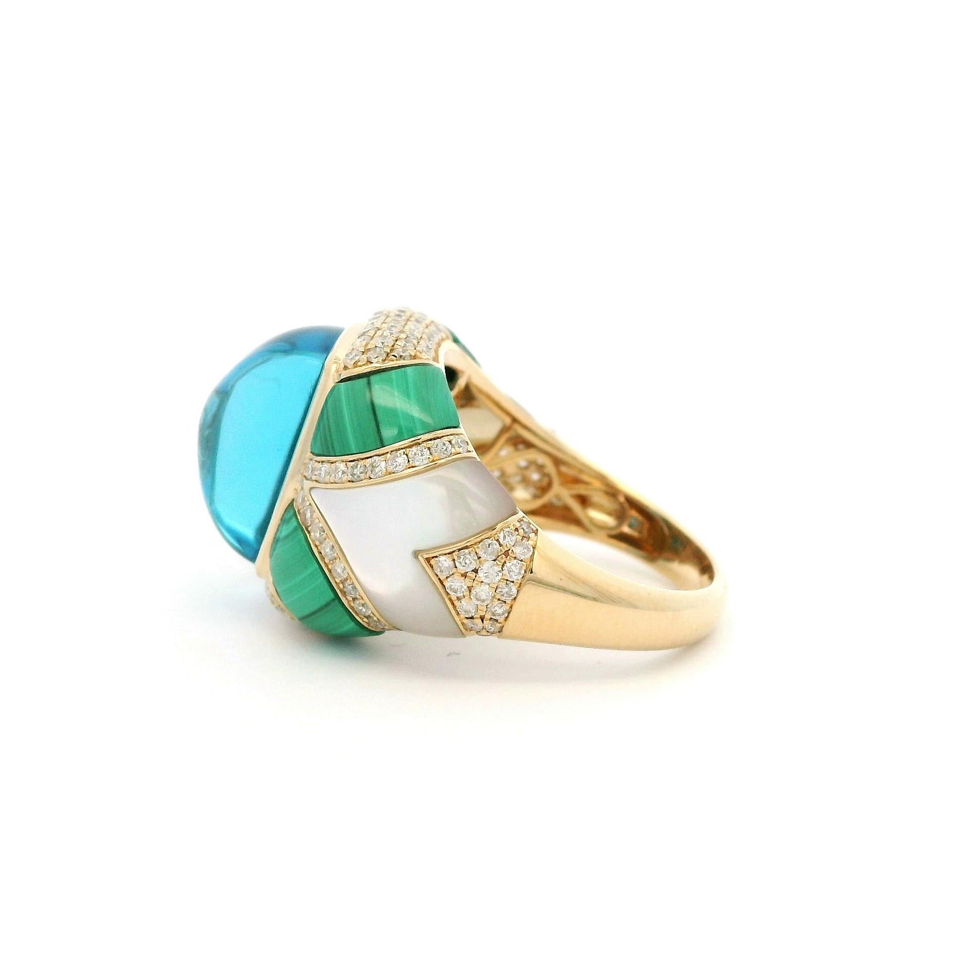 Women's Sugarloaf Swiss Blue Topaz Malachite Diamond Cocktail Ring in 14K Yellow Gold
