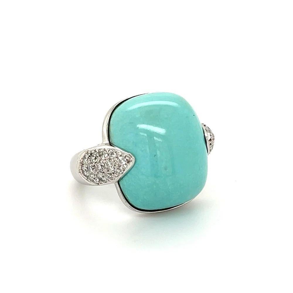 Simply Beautiful! Mid Century Modern Solitaire Sugarloaf Turquoise and Diamond Gold Ring. Centering a securely nestled and Hand set Sugarloaf Cabochon Turquoise, accented either side with RBC Diamonds, approx. 0.66tcw. Hand crafted White Gold