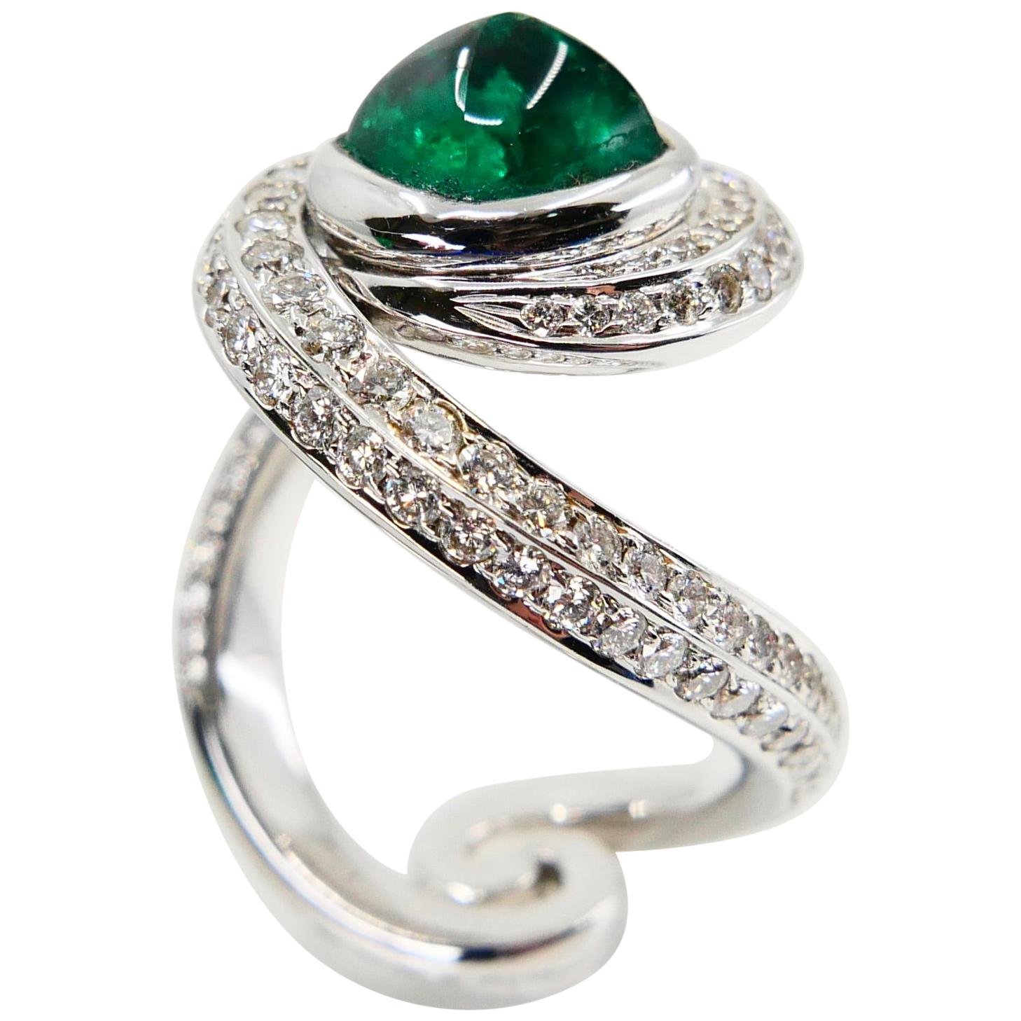 Sugerloaf Emerald 2.07 Carat and Diamond Cocktail Ring, 18 Karat White Gold