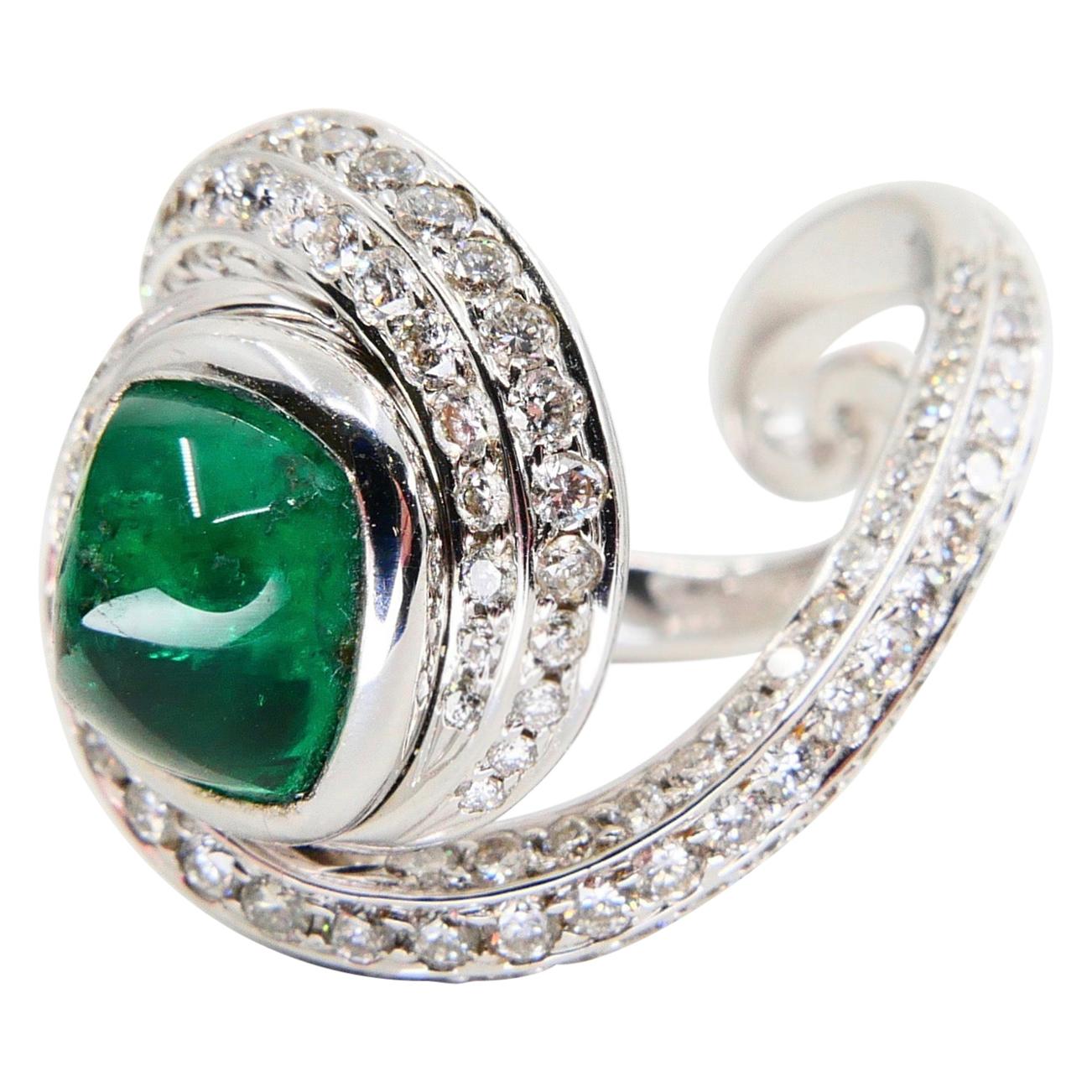 Contemporary Sugerloaf Emerald 2.07 Carat and Diamond Cocktail Ring, 18 Karat White Gold