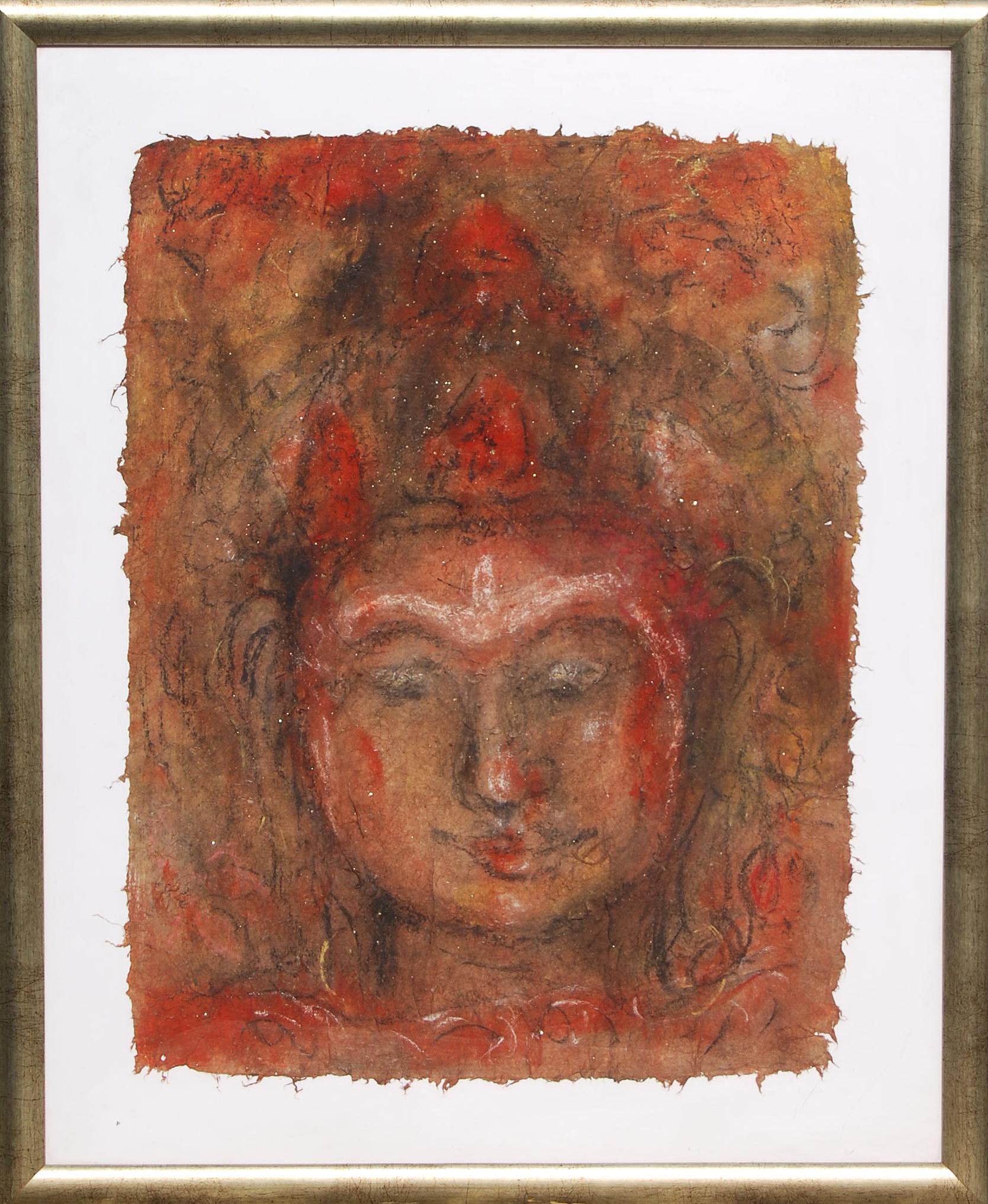 Buddha, Mixed Media on paper, Red, Brown by Modern Indian Artist "In Stock" - Mixed Media Art by Suhas Roy