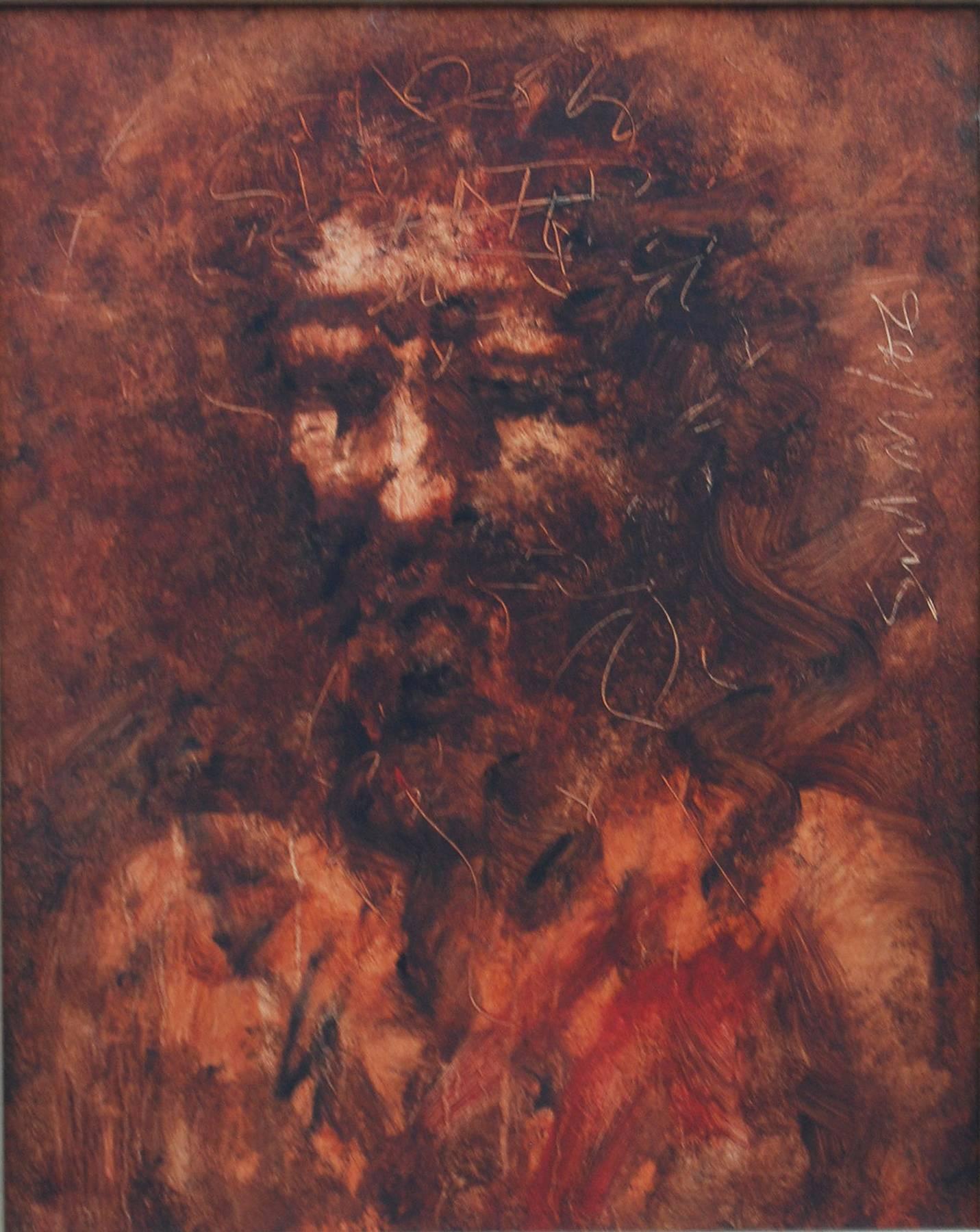 Christ, Oil on Canvas, Brown, Red colors by Modern Indian Artist 