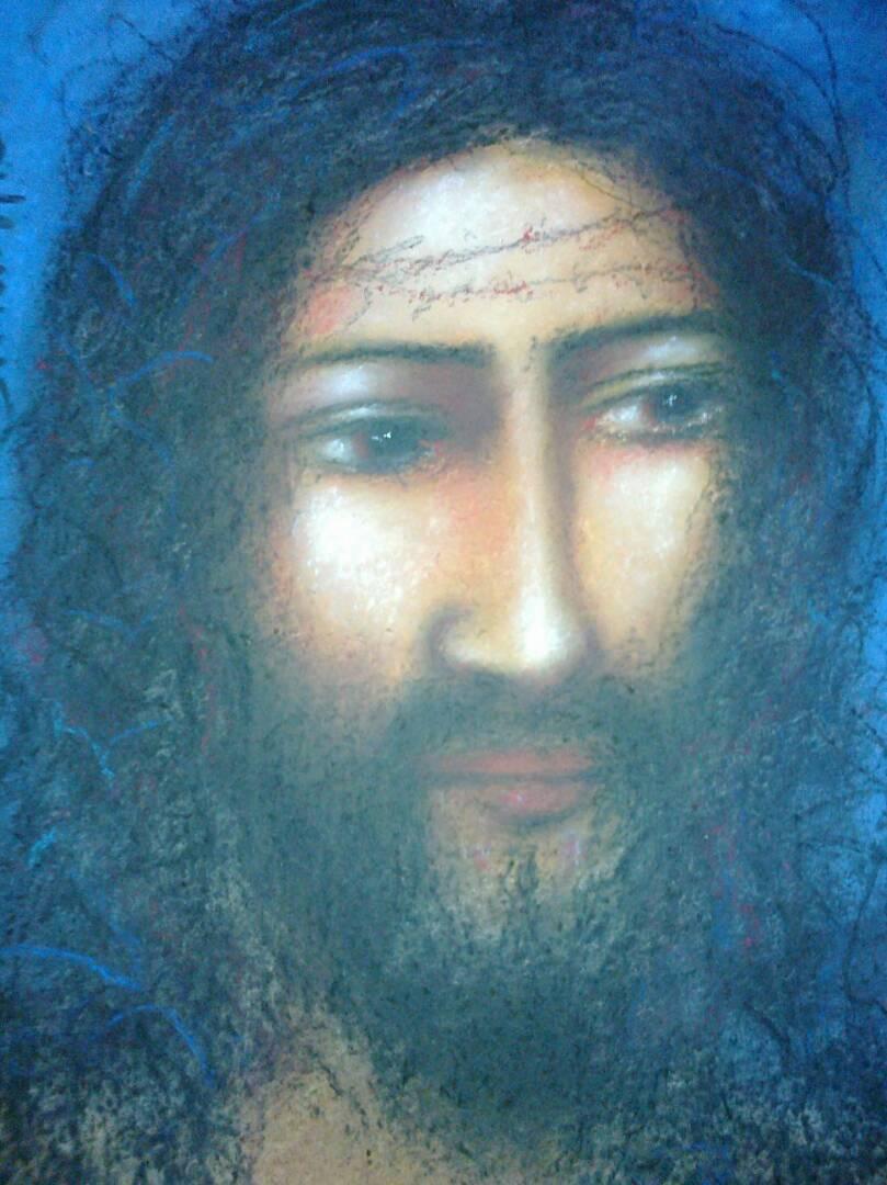 Suhas Roy Figurative Painting - Christ II, Symbolic of the Pain & Torture, Mixed Media on paper, Blue "In Stock"