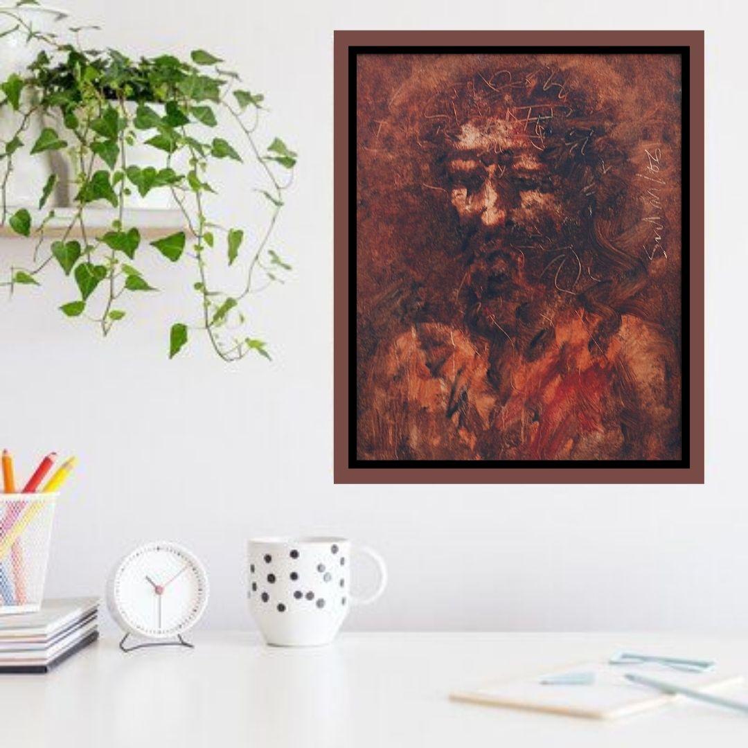 Christ, Oil on Canvas, Brown, Red colors by Modern Indian Artist 