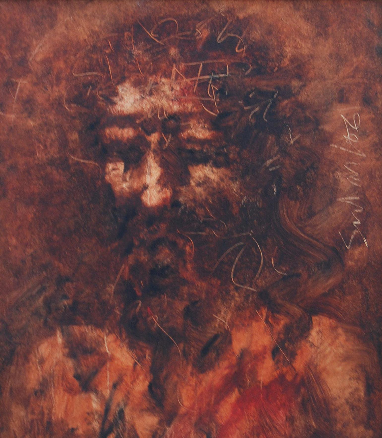 Christ, Oil on Canvas, Brown, Red colors by Modern Indian Artist 