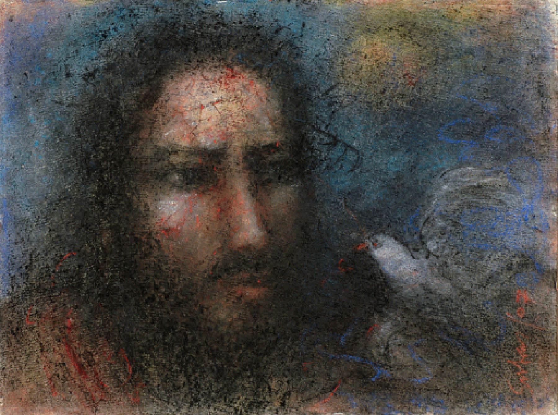 Suhas Roy Figurative Painting - Christ and Dove, Pastel on Thick Paper, Blue Black by Indian Master "In Stock"