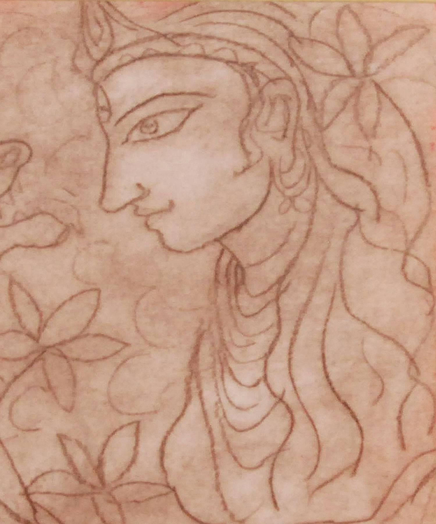 Durga, Indian Goddess, Mythology, Tempera & Pastel on board in Brown 