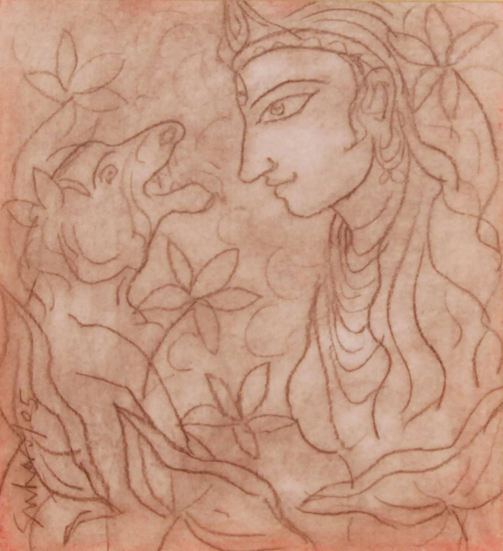 Durga, Indian Goddess, Mythology, Tempera & Pastel on board in Brown "In Stock"
