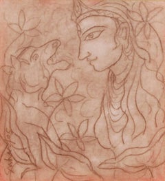 Durga, déesse indienne, mythologie, Tempera et pastel sur toile marron « En stock »