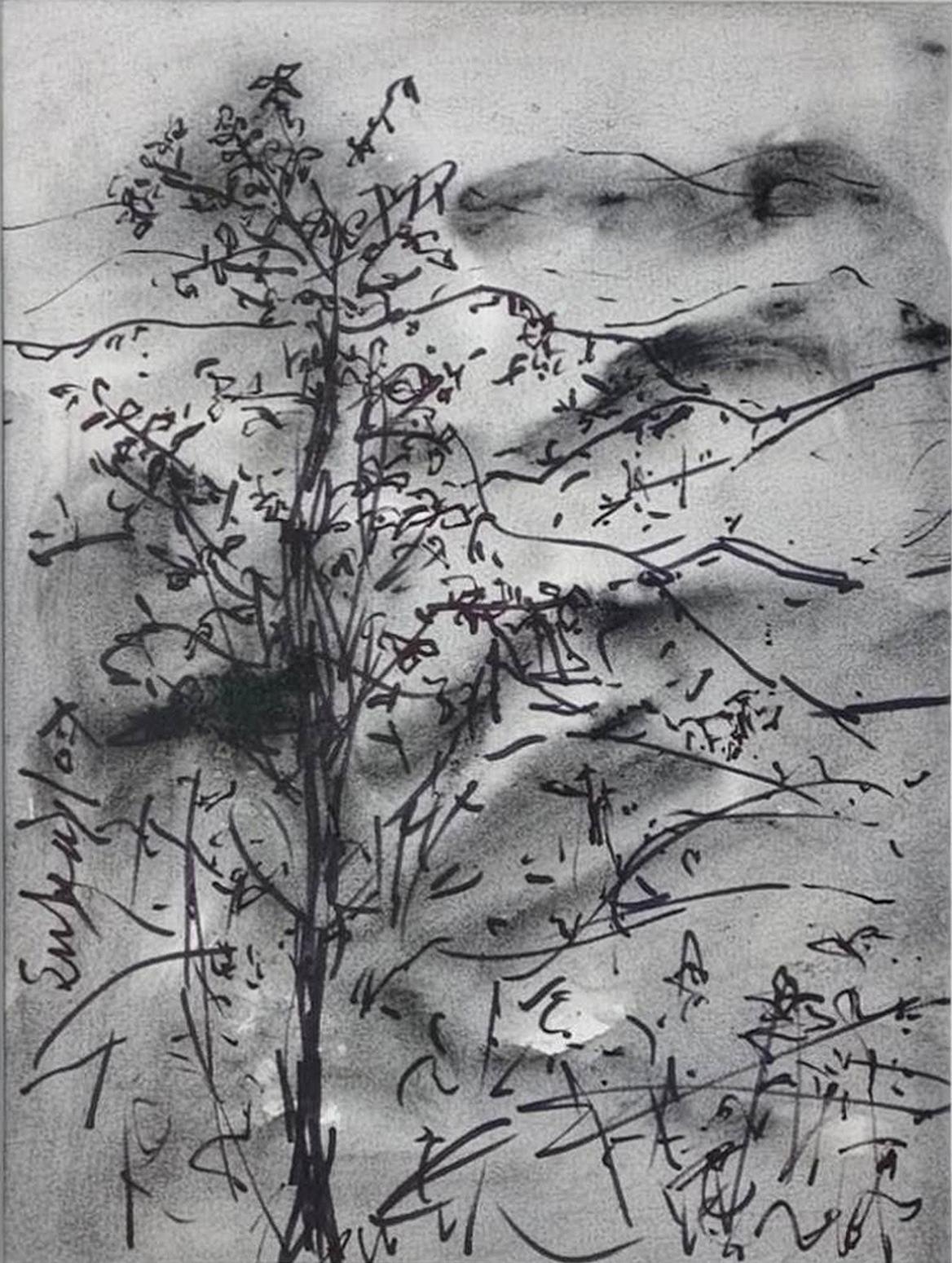 Paysage, fusain sur papier de l'artiste moderne Suhas Roy, en stock