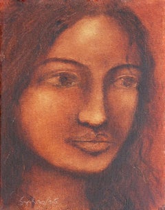 Radha, Cabello en cascada y mirada melancólica, Pintura al óleo, Rojo, Colores marrones "En Stock"