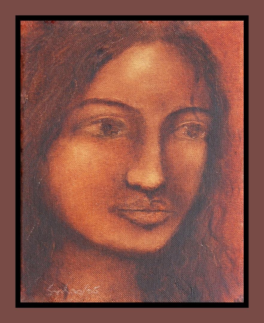 Radha, cheveux en cascade et regards nostalgiques, peinture à l'huile, couleurs rouges et brunes « en stock » - Painting de Suhas Roy