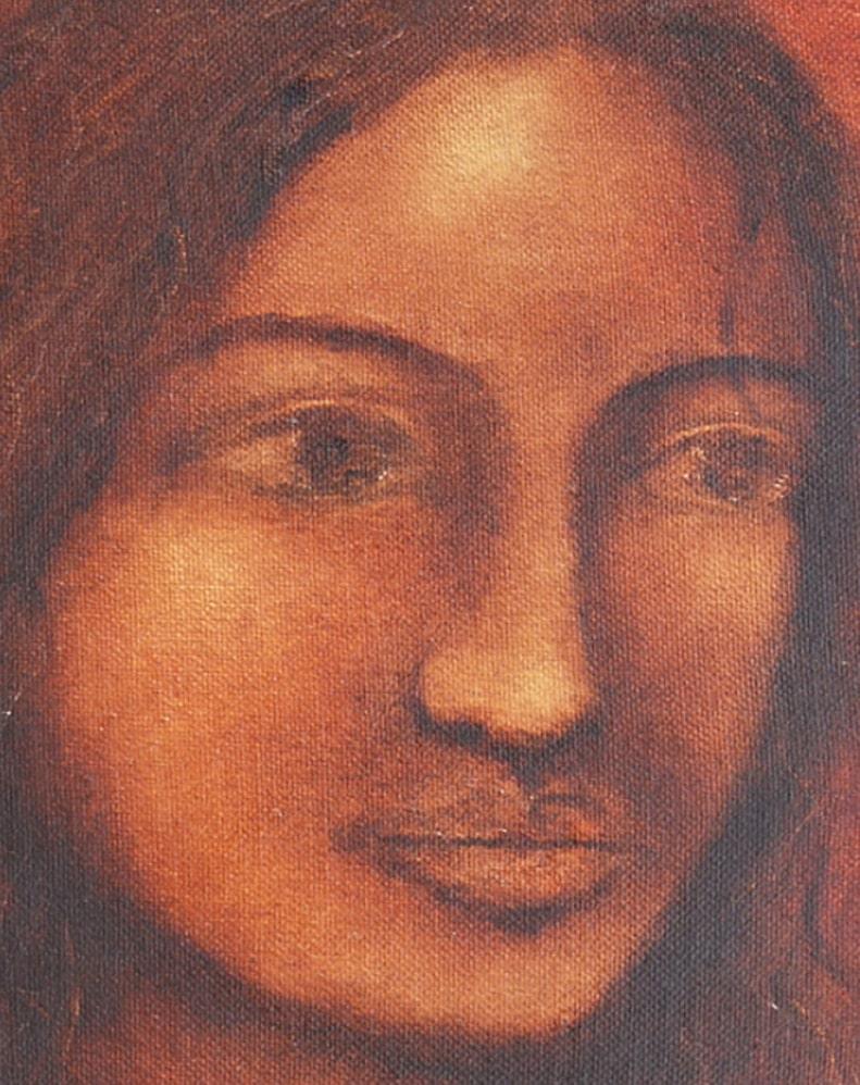 Radha, kaskadenförmiges Haar und wehmütige Ausblicke, Ölgemälde, rot, braune Farben, auf Lager (Braun), Figurative Painting, von Suhas Roy