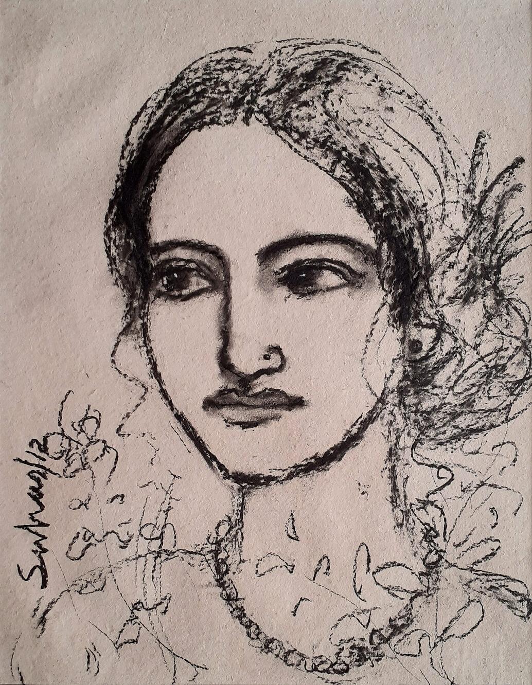 Suhas Roy - Radha - 20.6 x 16 inches ( unframed size)  
Charcoal on Paper , 2012
* * FRAMED AND READY TO HANG DOOR DELIVERED IN INDIA
* * UNFRAMED AND DOOR DELIVERED INTERNATIONALLY

Suhas Roy 's mystic woman which he calls 'Radha', either Oil on