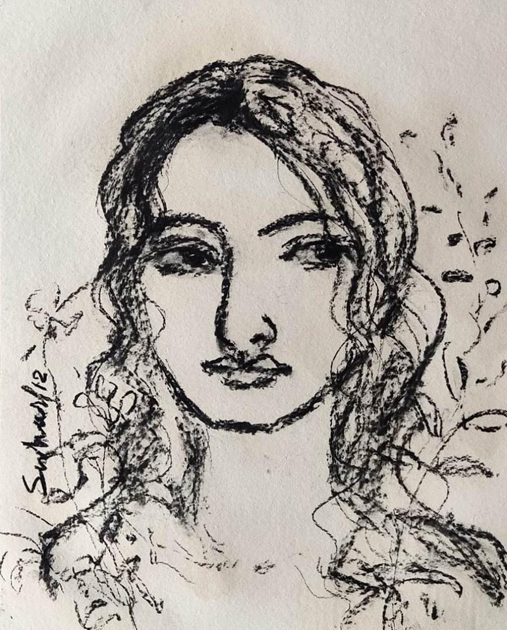 Radha, Charcoal on Paper, Black color by Modern Artist Suhas Roy "In Stock"