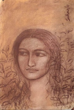 Radha, Conte on Paper by Modern Artist Suhas Roy "In Stock"