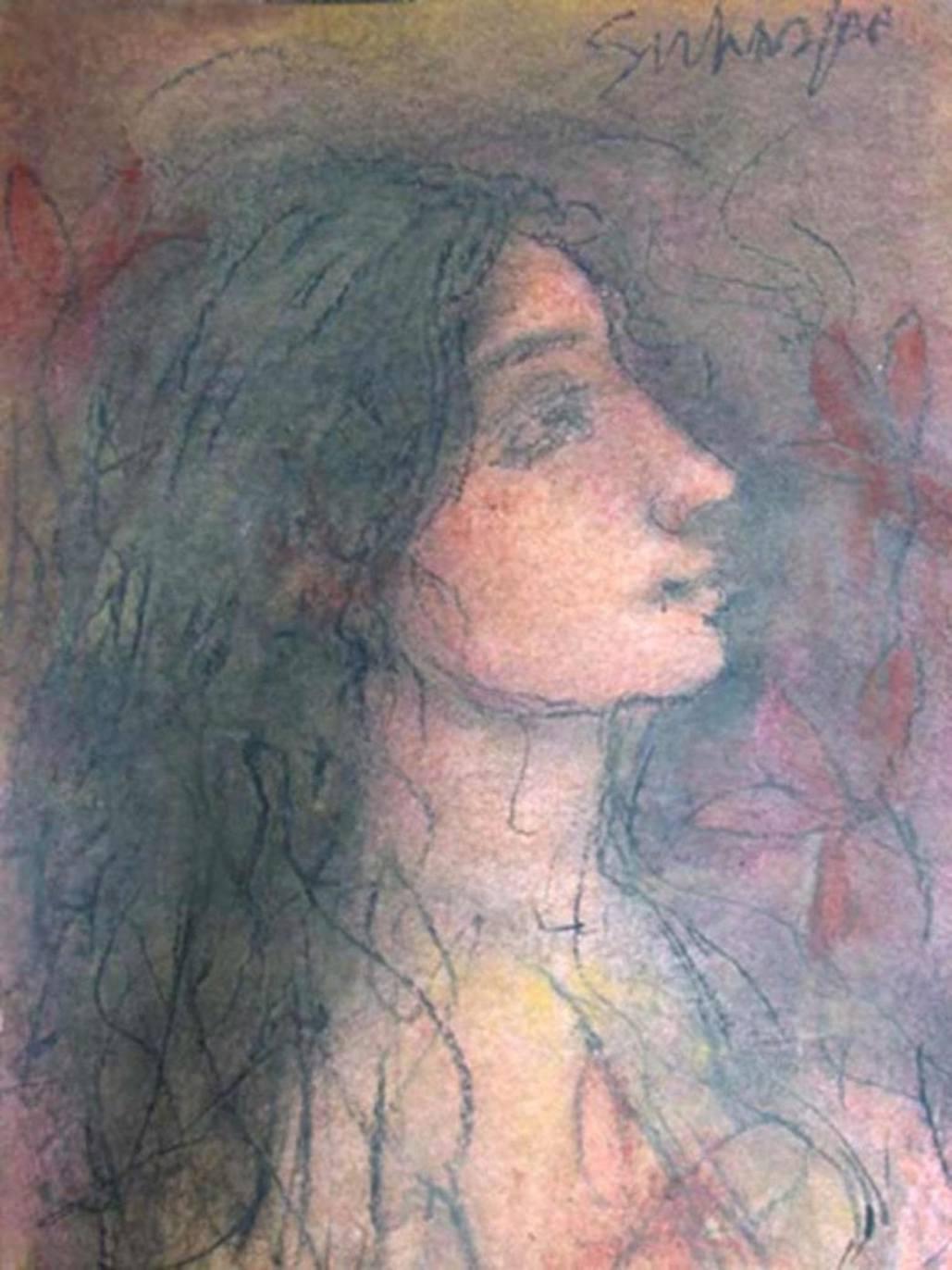 Radha, pastello secco su carta importata, rosso, rosa, nero di Modern Artist "In magazzino"