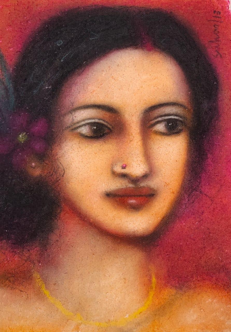 Radha Radha, figurative, Mischtechnik auf Papier des modernen Künstlers Suhas Roy, „Auf Lager“