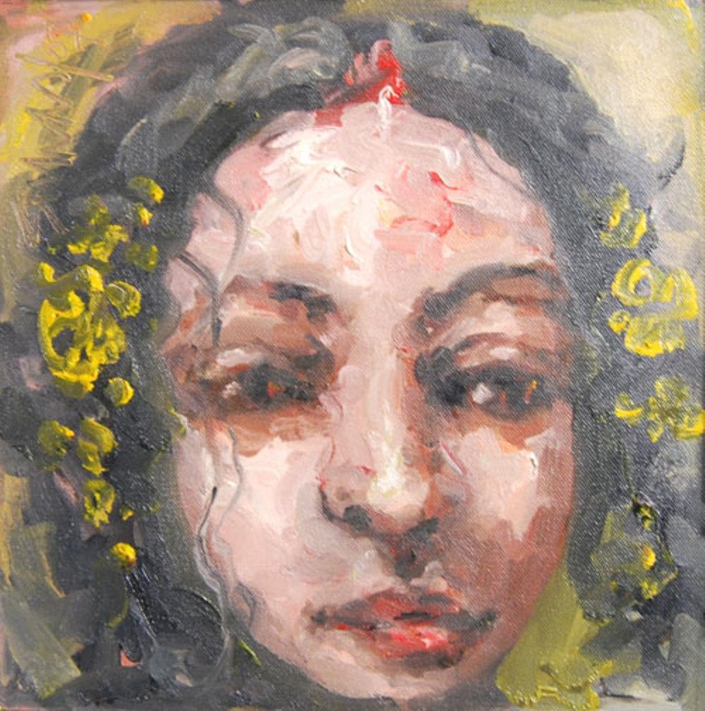 Suhas Roy - Radha
Oil on Canvas, 12 x 12 inches, 2007

Suhas Roy 's mystic woman which he calls 'Radha', either Oil on canvas or soft colored pastel on Paper or board are a series of work where he sees an ethereal mystic godlike and innocent spirit