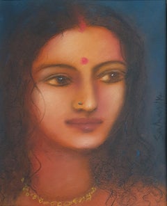 Radha, Pastel on Board, Color Yellow, Blue, Black by Suhas Roy "In Stock"