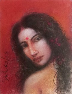 Radha, tecnica mista su tavola di tela dell'artista moderno Suhas Roy "In magazzino".