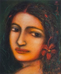 Radha, tecnica mista su tavola di tela dell'artista moderno Suhas Roy "In magazzino".