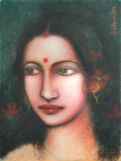 Radha, technique mixte sur panneau de toile de l'artiste indien moderne, en stock