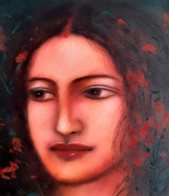 Radha, tecnica mista su carta, verde, nero, rosa dell'artista Suhas Roy "In magazzino".