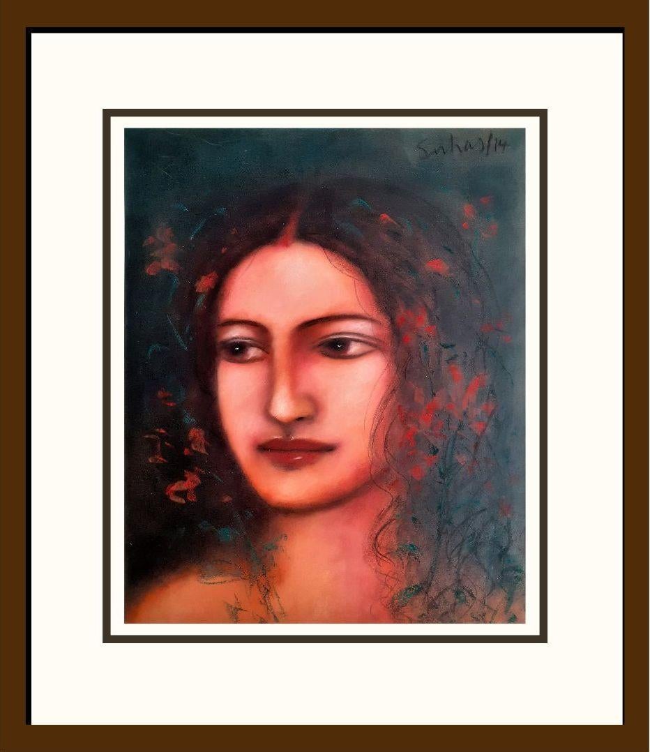 Radha, Mixed Media on Paper, Green, Black, Pink by Artist Suhas Roy 