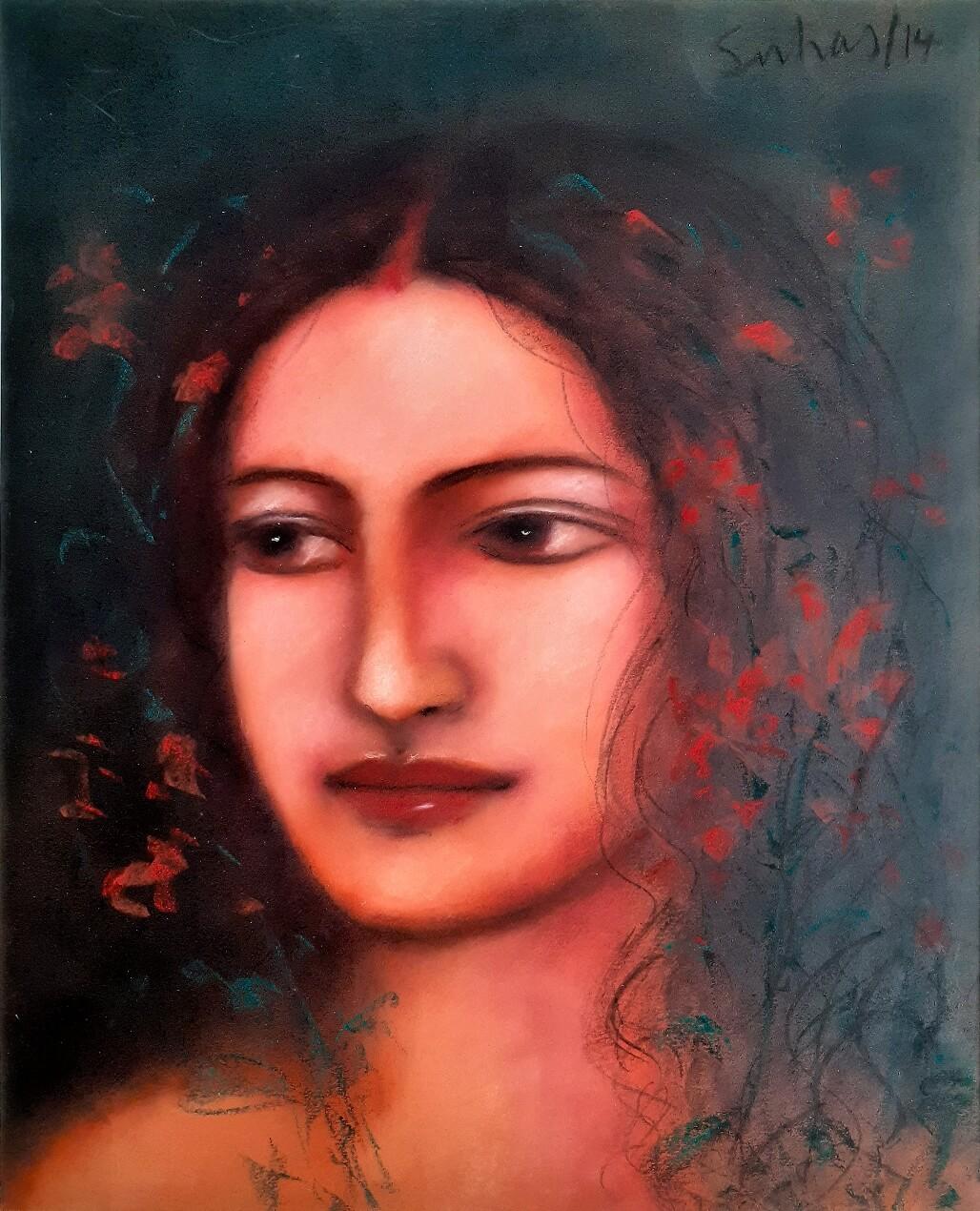 Suhas Roy - Radha - 20 x 16 inches ( unframed size)  
Mixed Media on Paper , 2014

Suhas Roy 's mystic woman which he calls 'Radha', either Oil on canvas or soft colored pastel on Paper or board are a series of work where he sees an ethereal mystic