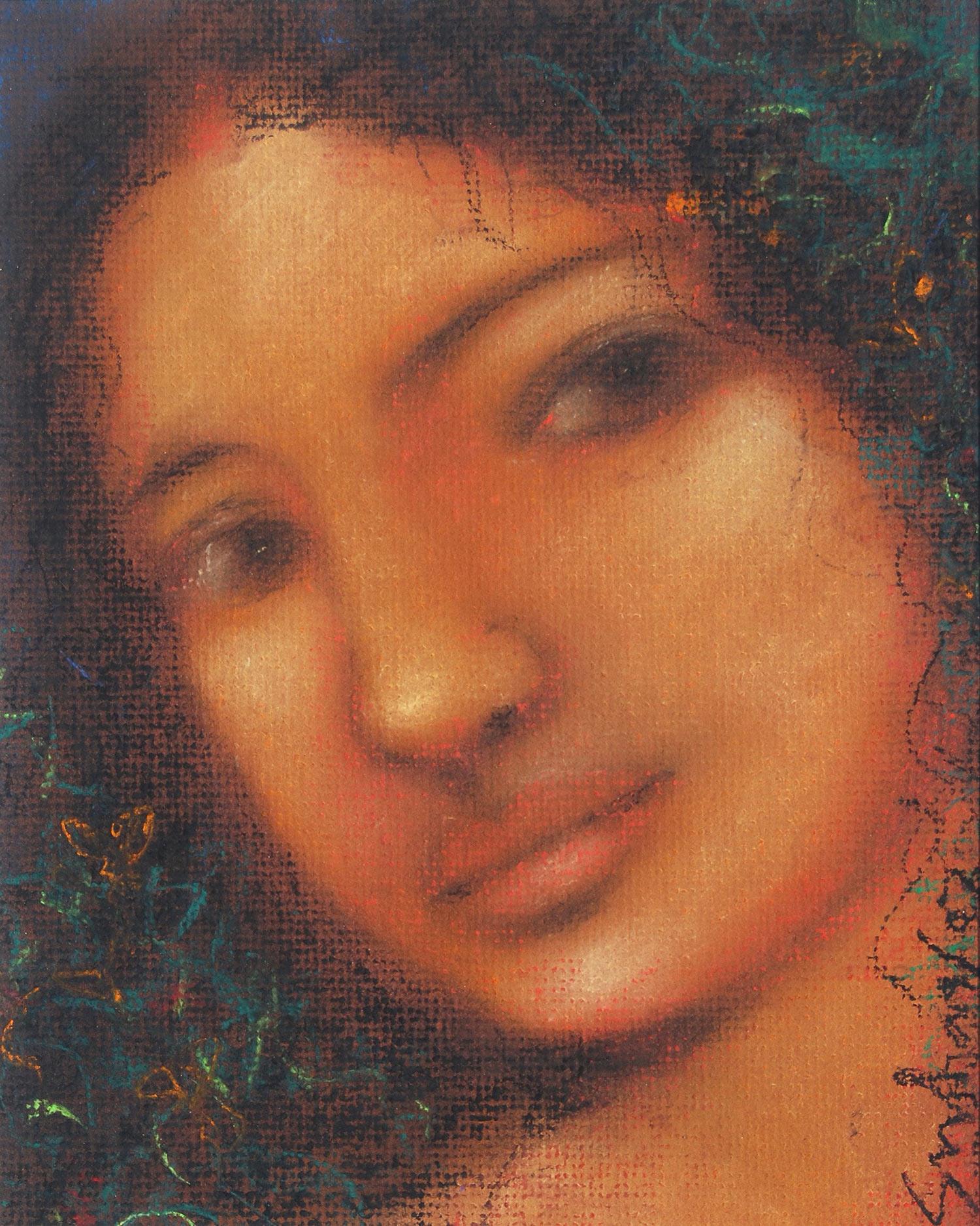 Radha, Mysterious, Colored Pastel on Paper, Red, Blue by Indian Artist