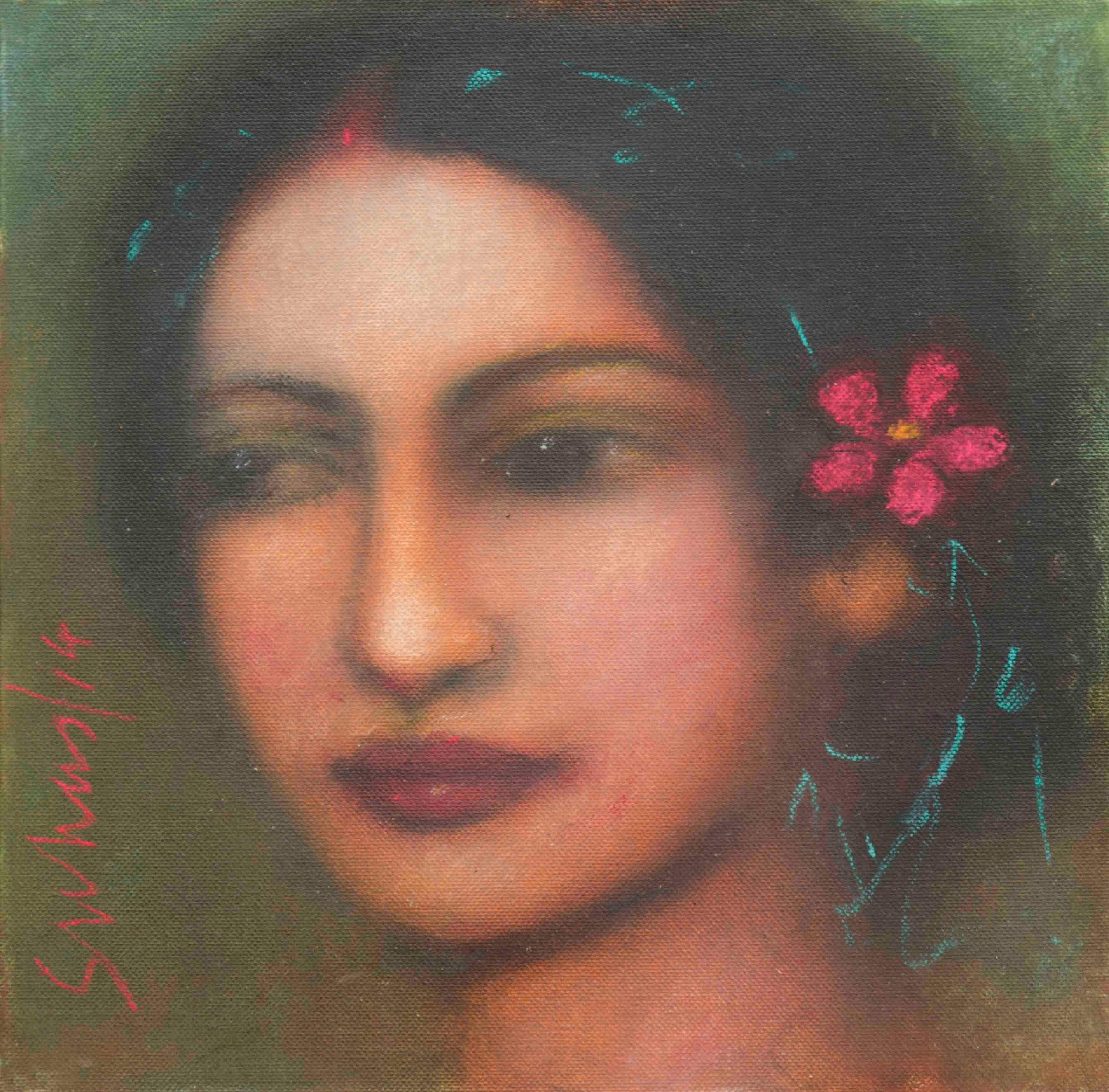 Suhas Roy Portrait Painting - Radha, Mysterious, Ethereal, Godlike, Oil on Canvas by Indian Artist "In Stock"