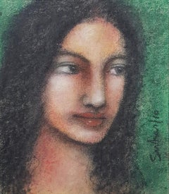 Radha, Mystic, Mixed Media on paper, Green, Brown by Modern Artist "In Stock"