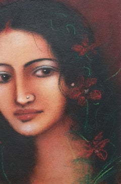 Radha, Mystic, Oil on canvas, Red, Green, Brown by Modern Artist "In Stock"