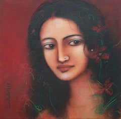 Radha, Mystic, Oil on canvas, Red, Green, Brown by Modern Artist "In Stock"