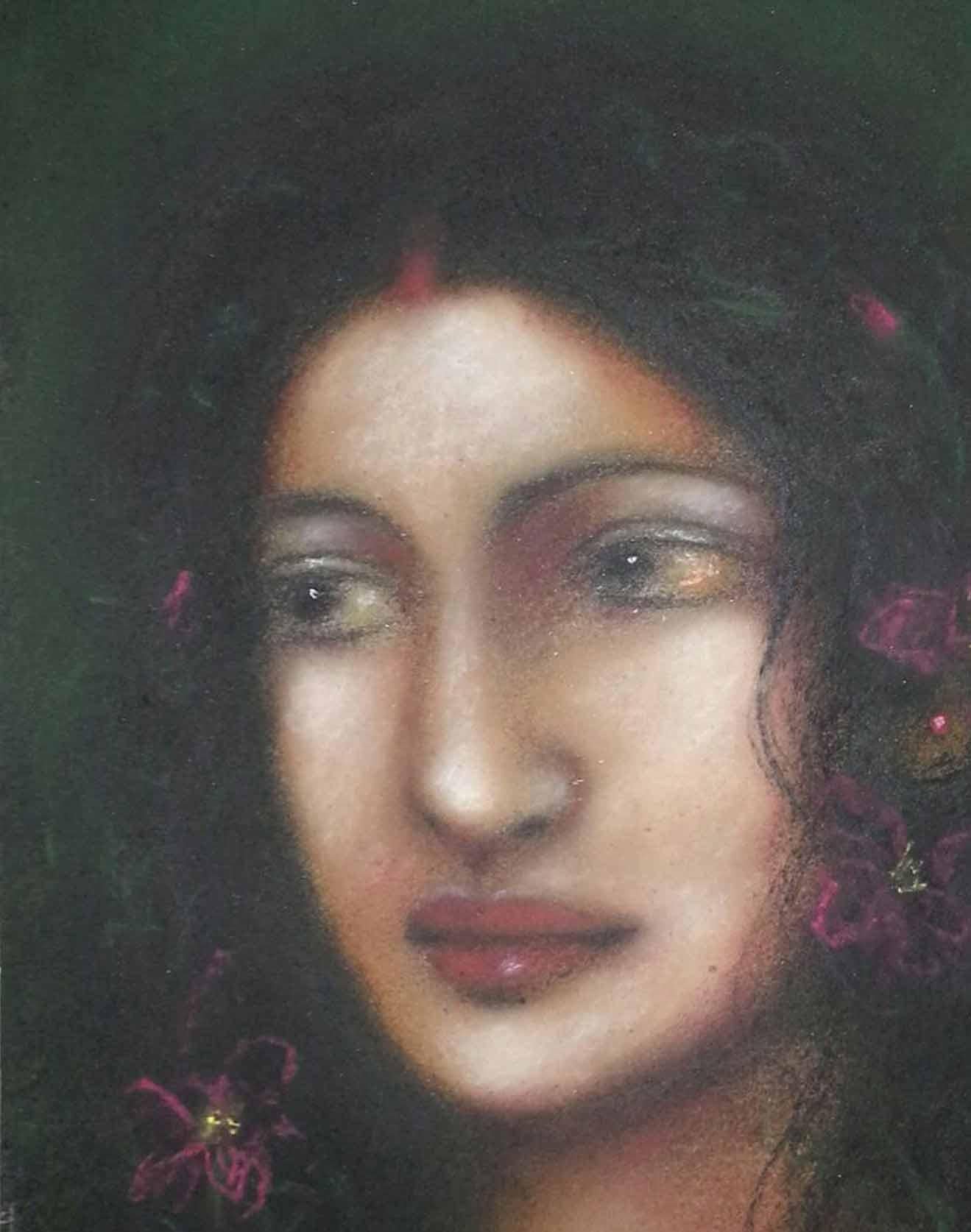 Radha, Mythology, Pastel on Paper, Pink, Blue by Modern Indian Artist 