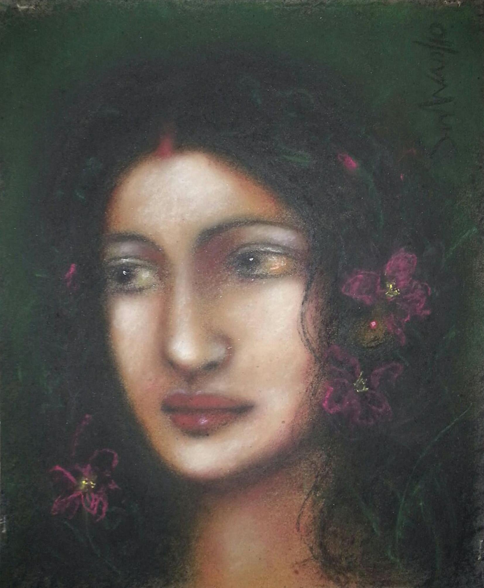 Radha, Mythology, Pastel on Paper, Pink, Blue by Modern Indian Artist "In Stock"